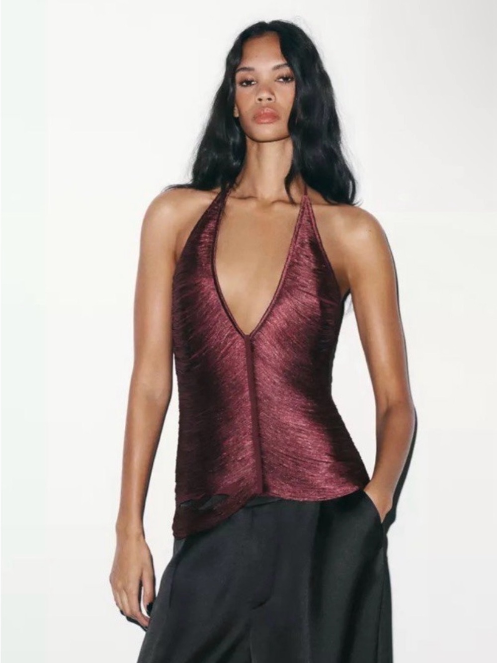 Zara Fringe Halter Plunge Top - Wine color